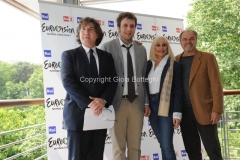 4/05/2011 Roma, presentazione di Eurovision Raidue, nella foto: Il direttore di rete Massiomo Liofredi, Raphael Gualazzi, Raffaella Carrà, Sergio Japino